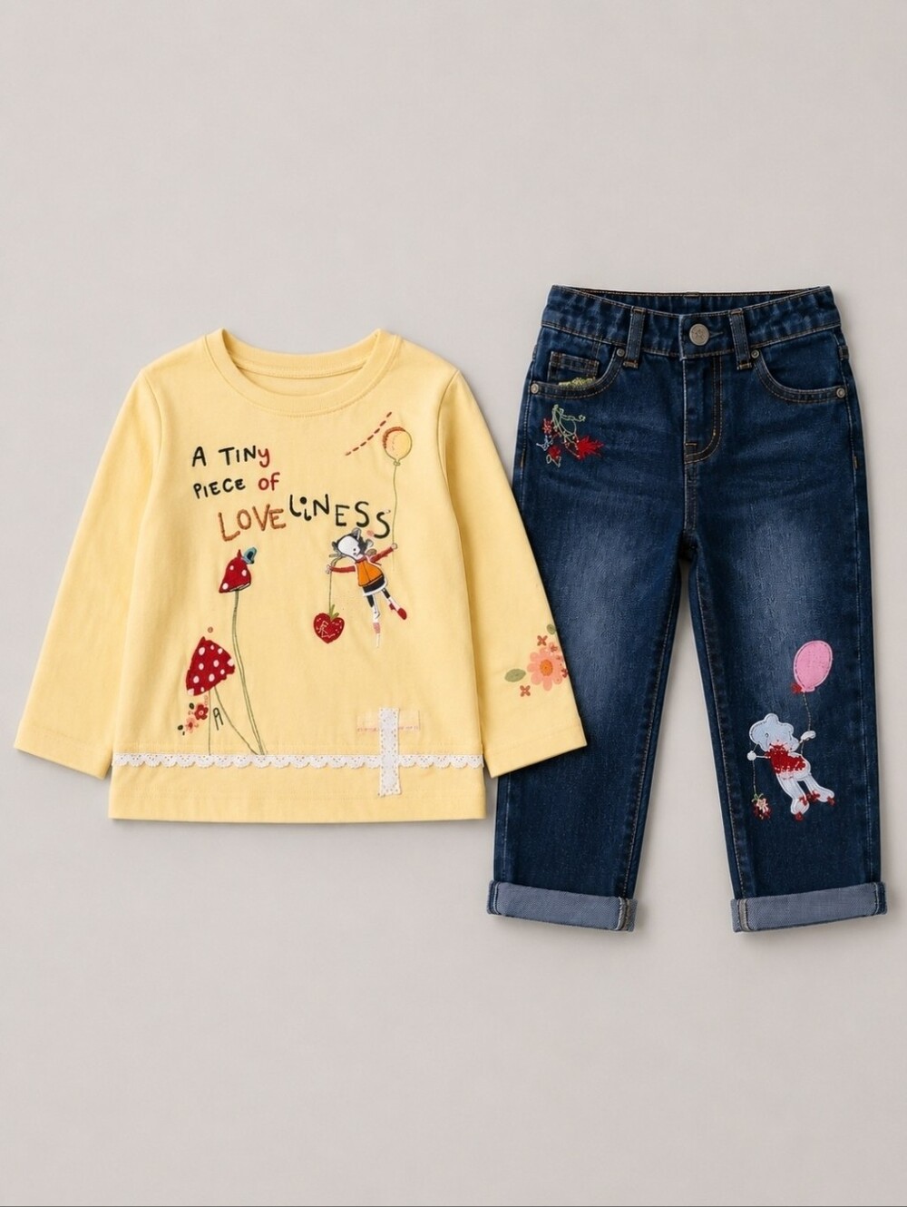 URMAGIC Girls 2Pc Outfit Set Size 130 5-6Y Yellow Graphic Tee Embroidered Jeans